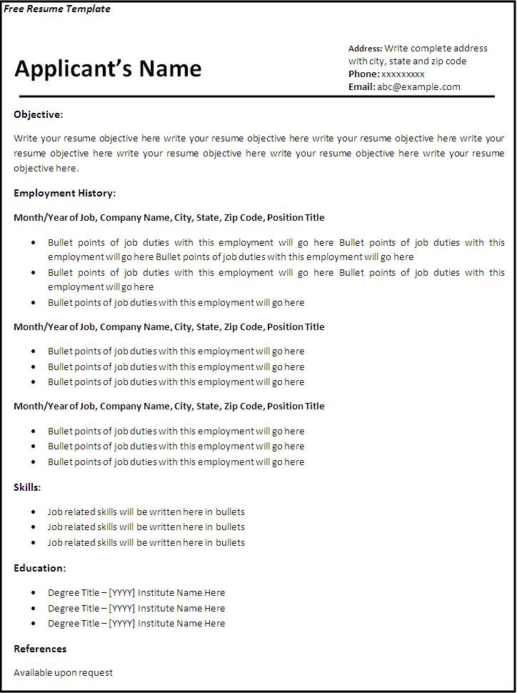 Free printable resume creations on line